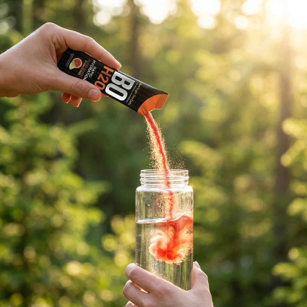 Bo H2O hydration powder being poured into water outdoors
