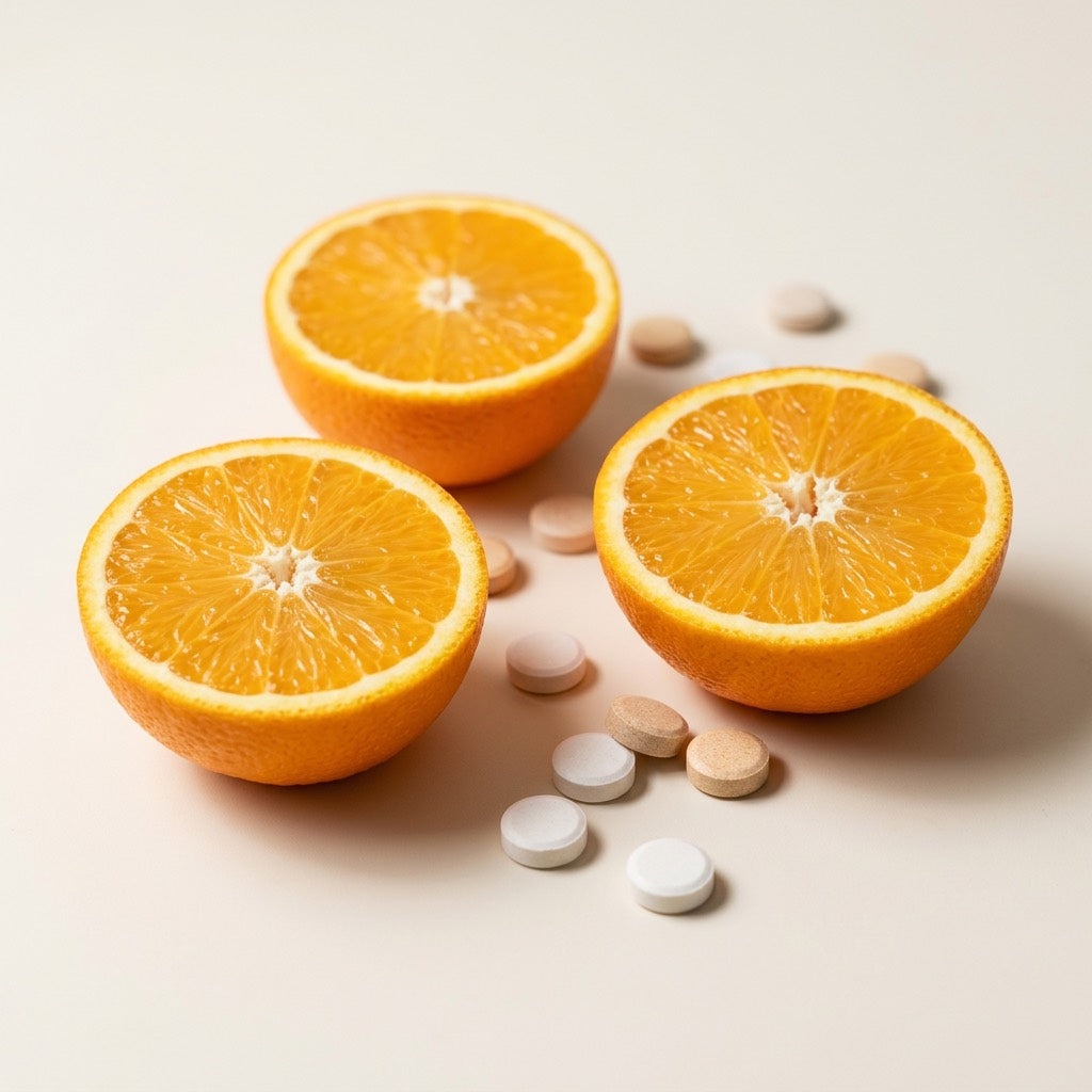 Orange halves and supplement tablets representing vitamin C immune support