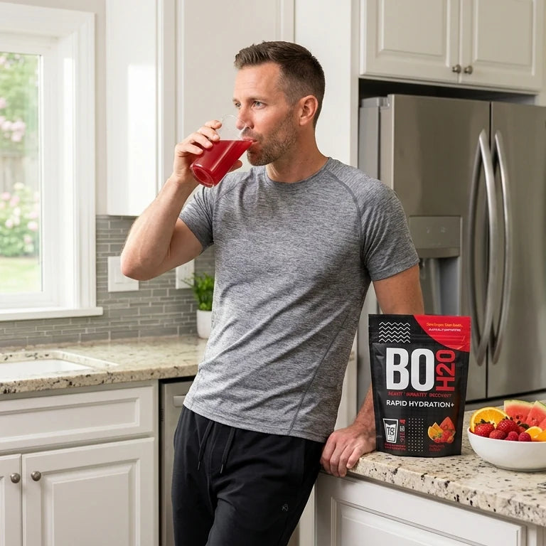 Man drinking Bo H2O beside the product bag and fresh fruit