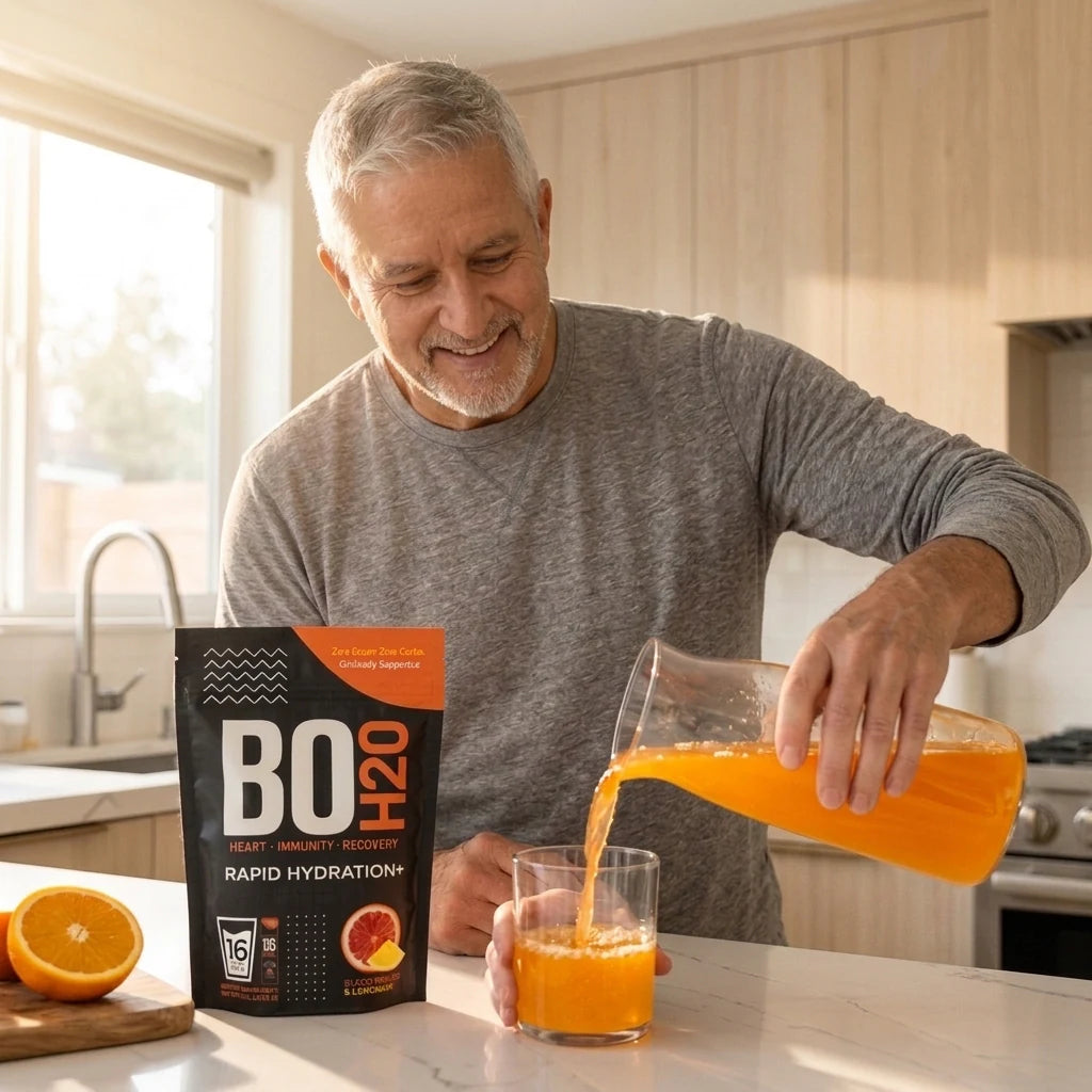 Man pouring Bo H2O beside the product bag